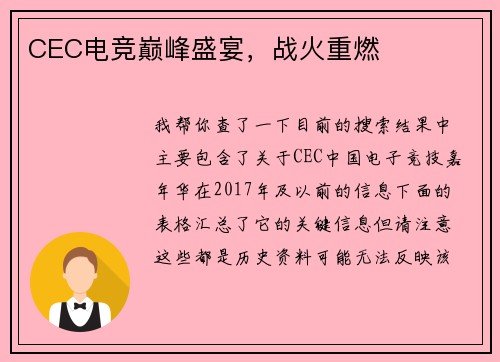 CEC电竞巅峰盛宴，战火重燃