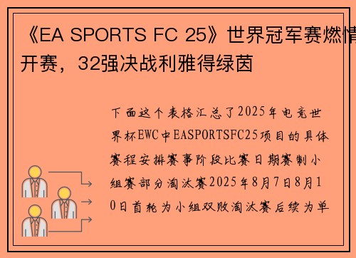 《EA SPORTS FC 25》世界冠军赛燃情开赛，32强决战利雅得绿茵